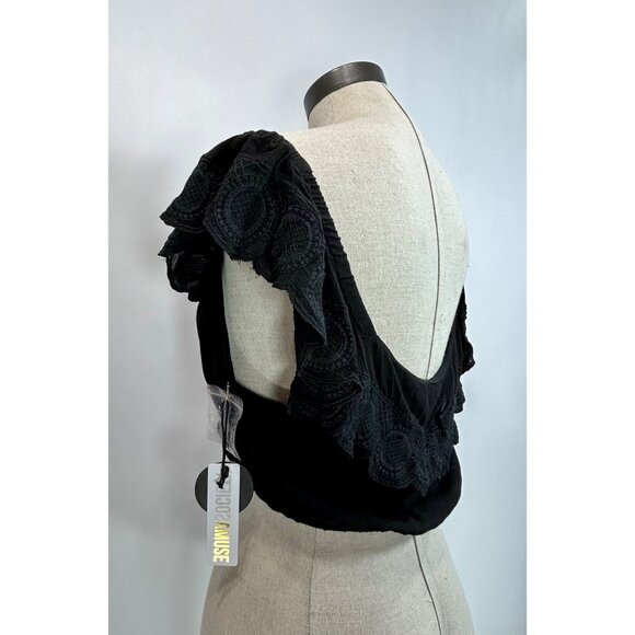 AMUSE SOCIETY Crop Top Sz L Black Embroidered Button Up Off The Shoulder Boho - Picture 4 of 10